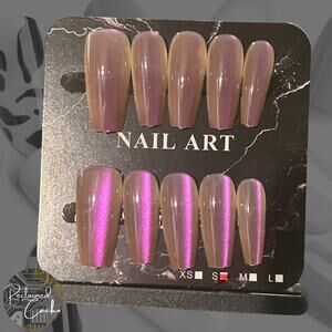 Iridescent Pink Long Coffin Press On Nails  - Size Small